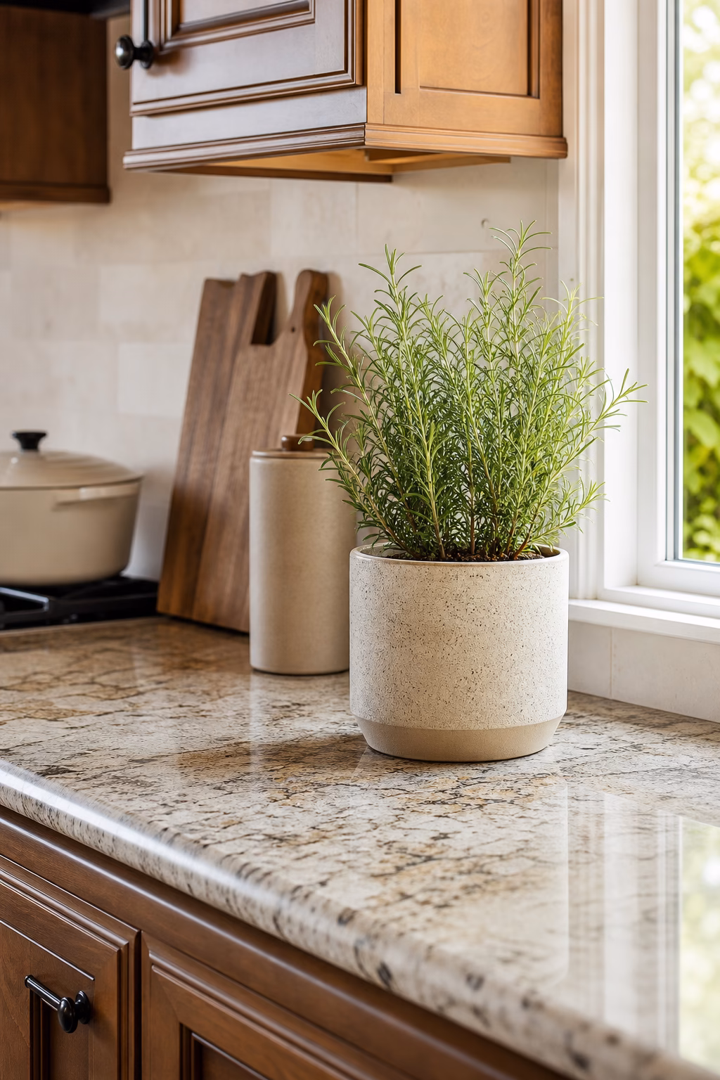 Healthy potted herb adding greenery to a sleek kitchen counter
