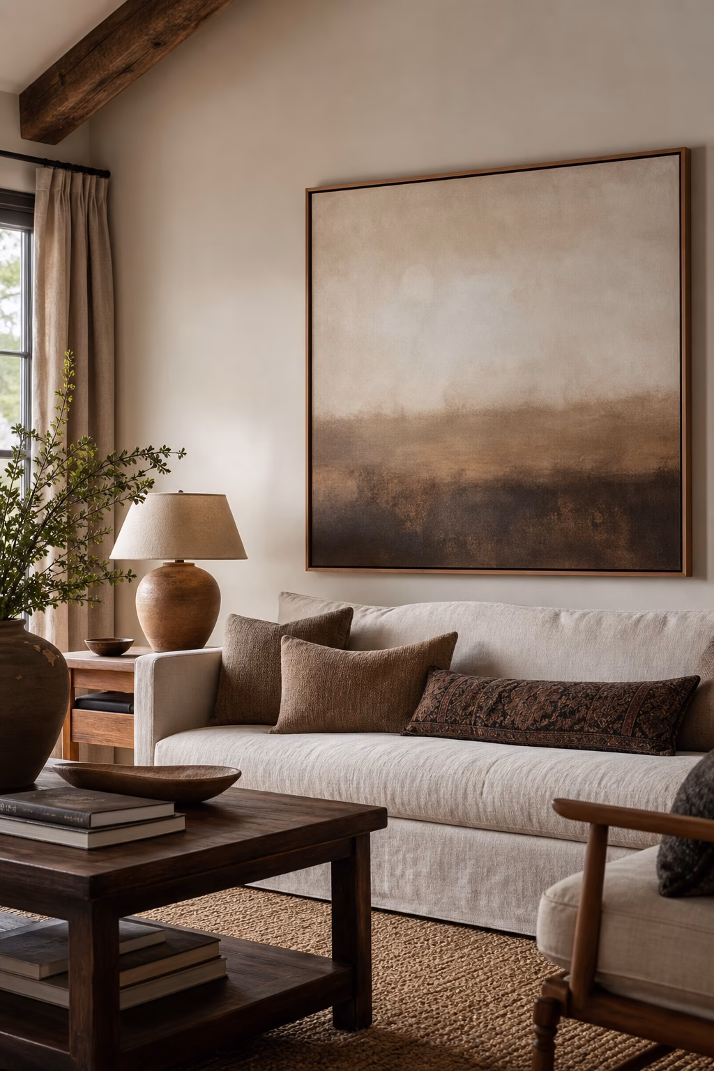 Cosy living room with large artwork warm palette and edited accessories