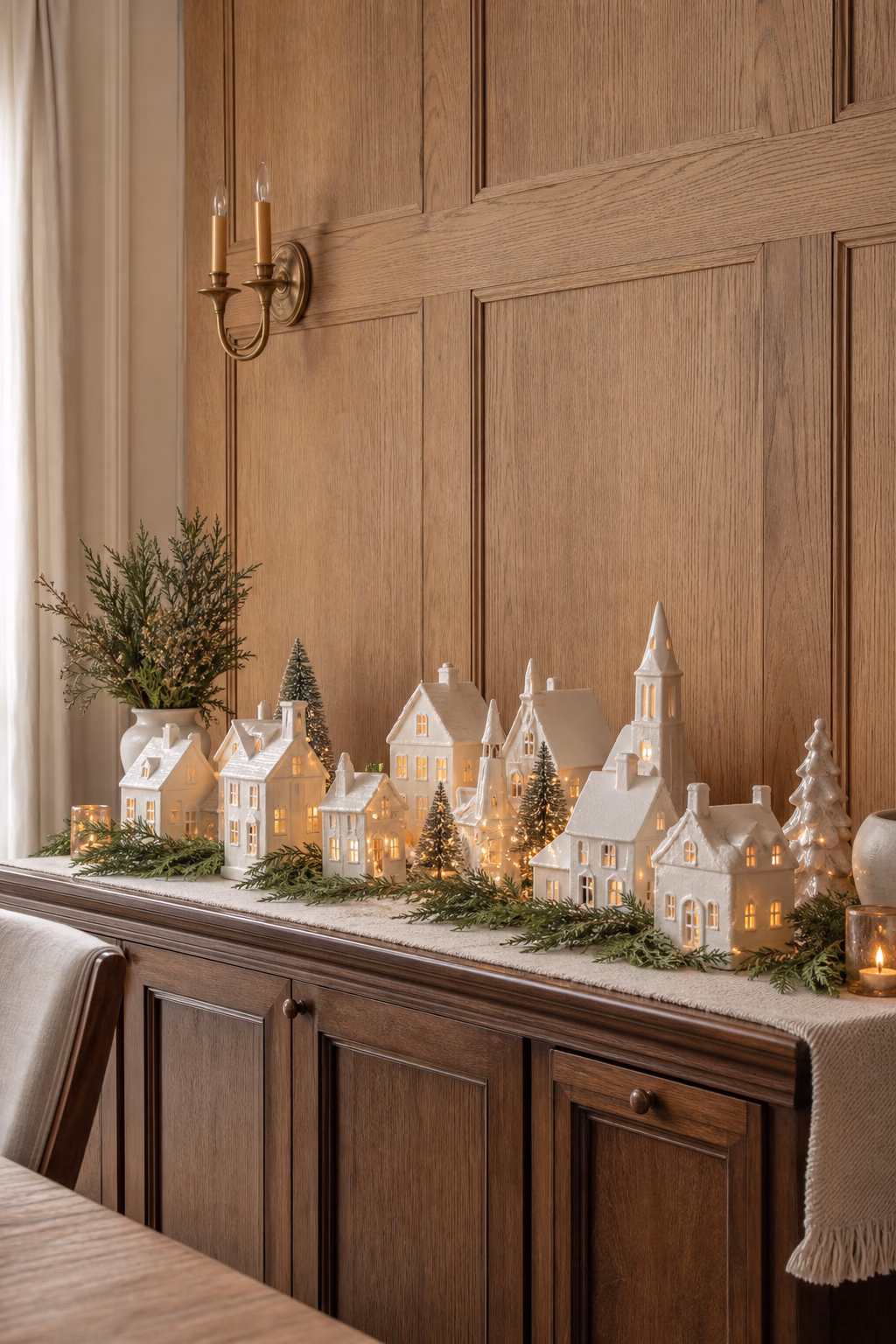 Frosted ceramic Christmas village arranged on a dining sideboard
