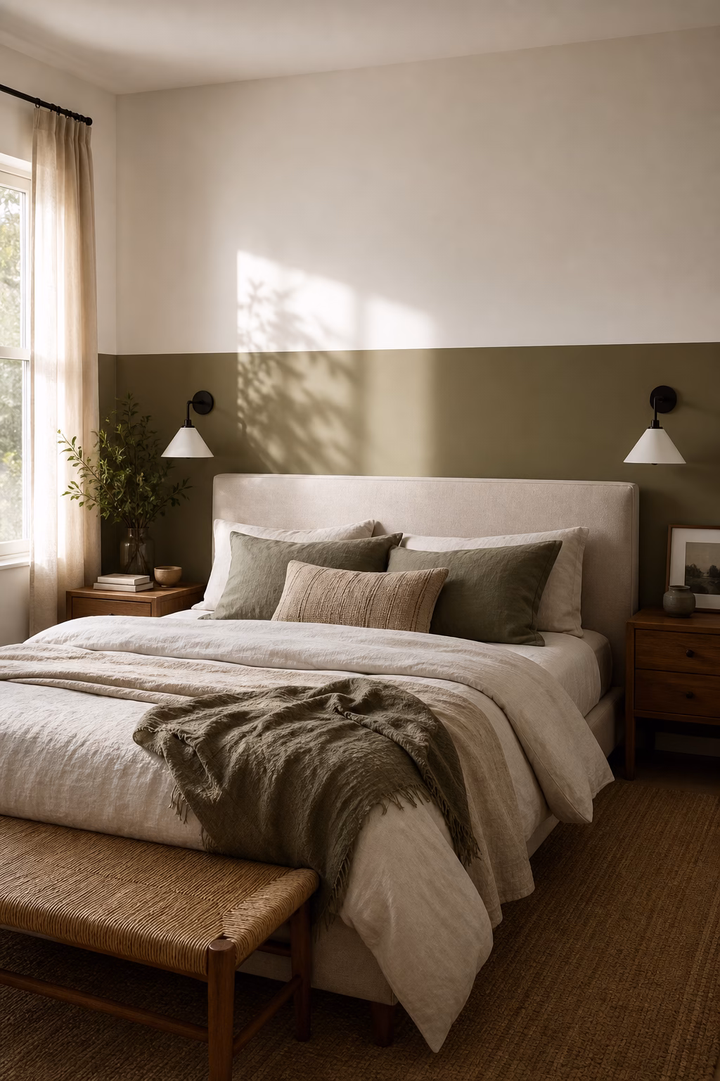 Half-wall decal creating a custom headboard effect in a bedroom