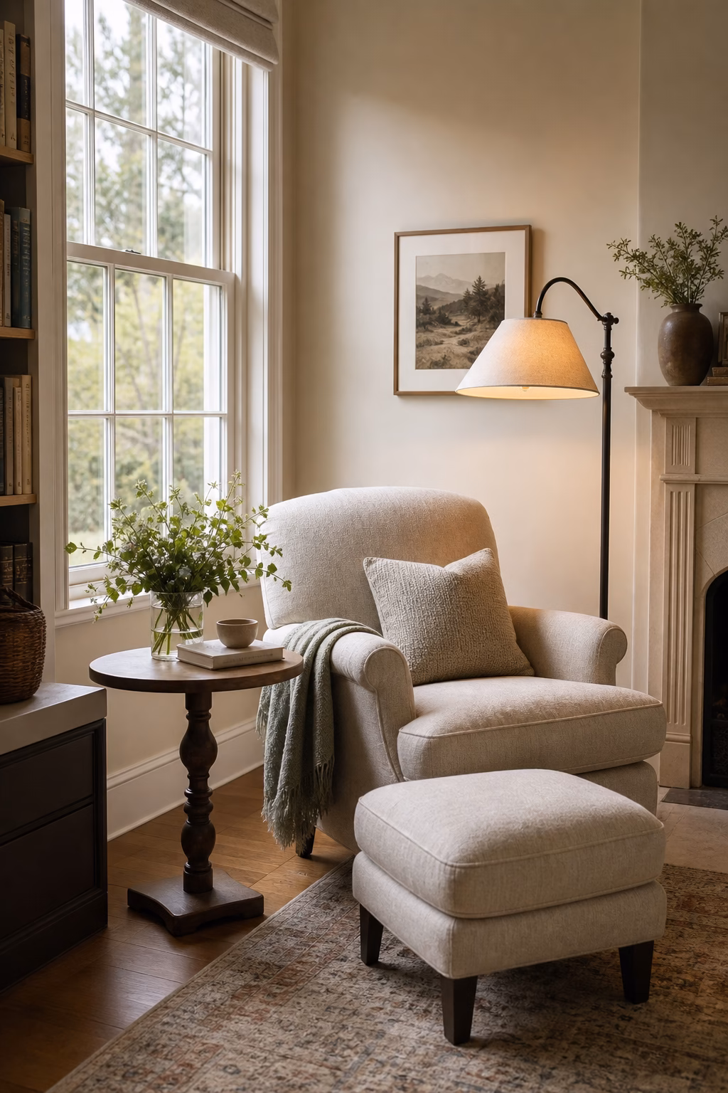 Cozy reading corner with an upholstered chair, floor lamp, side table, and footstool.