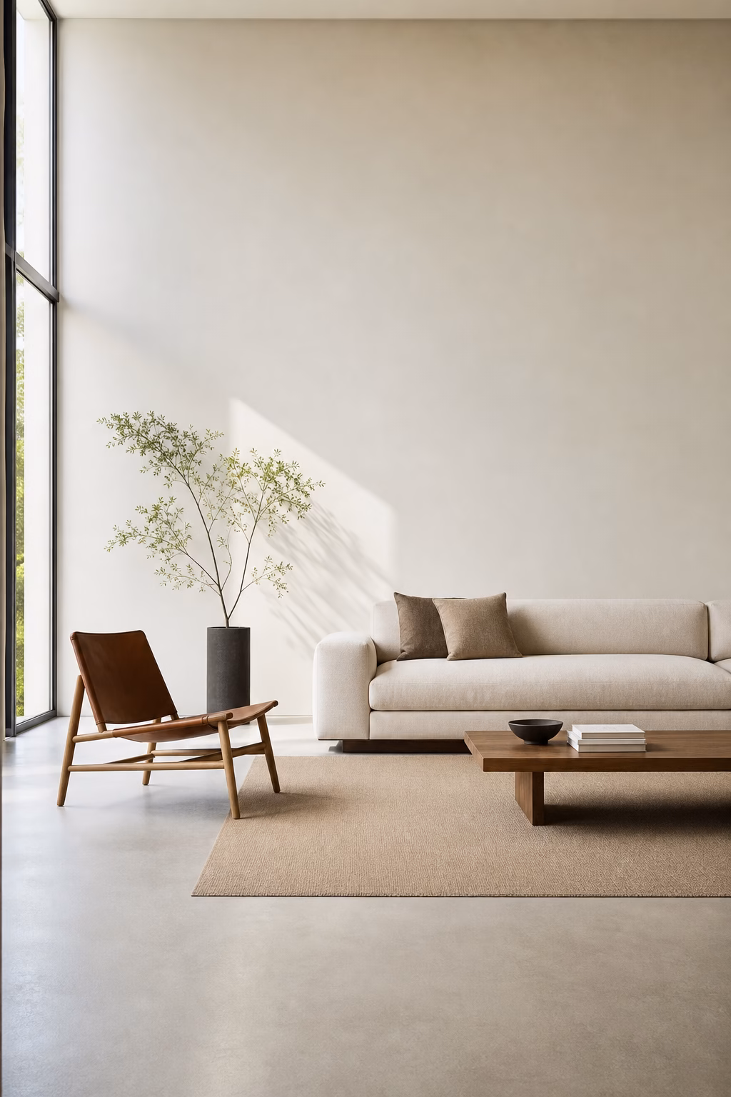 Minimalist living room with uncluttered wall low sofa single chair and broad open floor