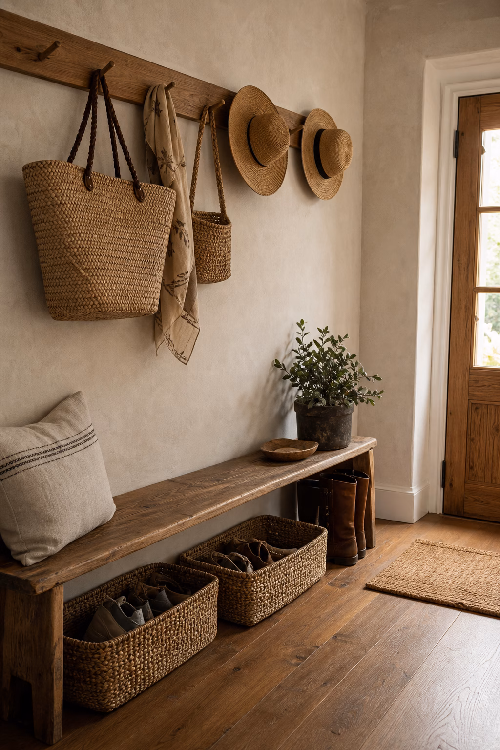Wooden peg rail adding rustic function to an entry wall