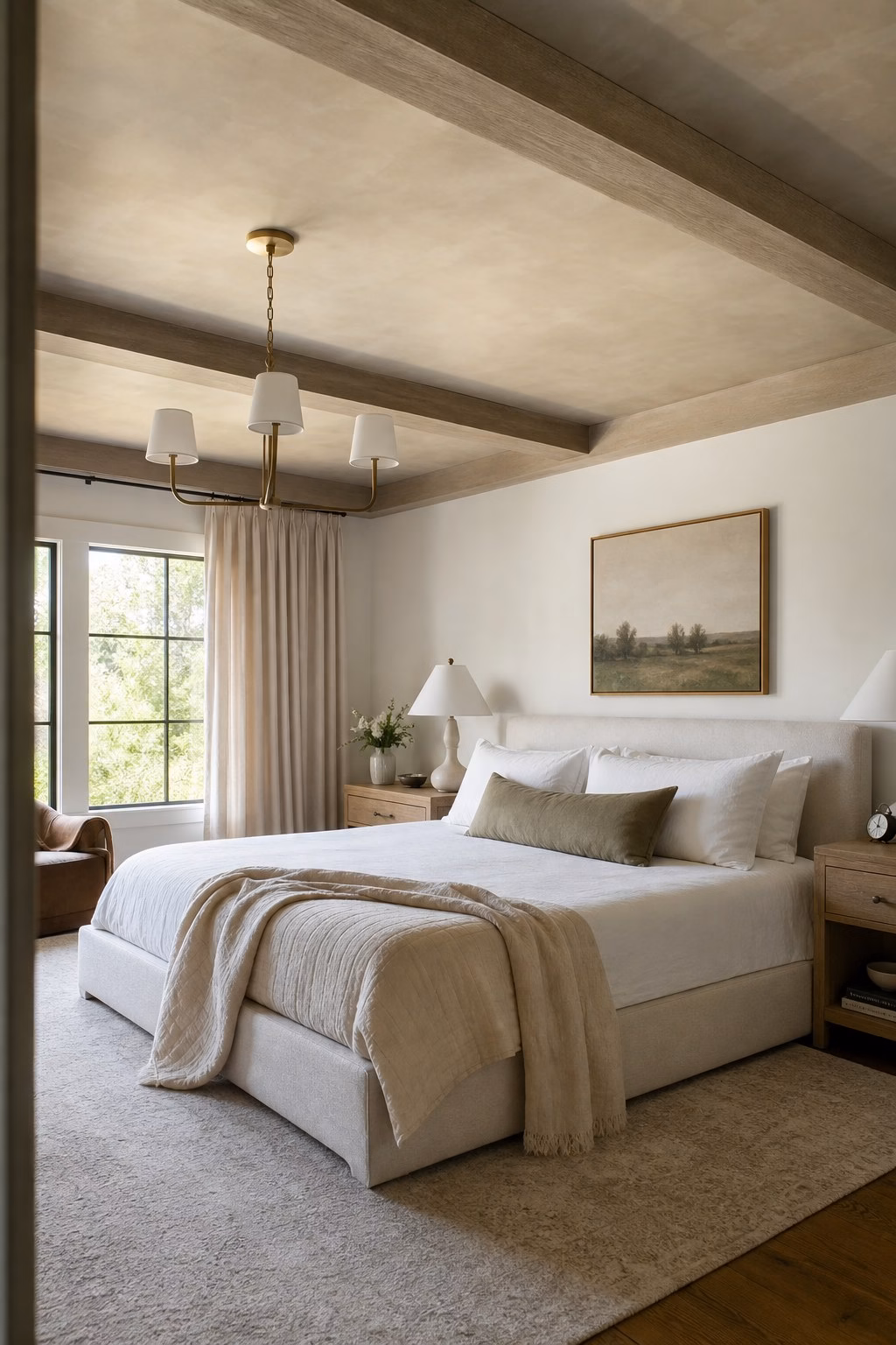 Soft painted ceiling and wood beams elevating a bedroom