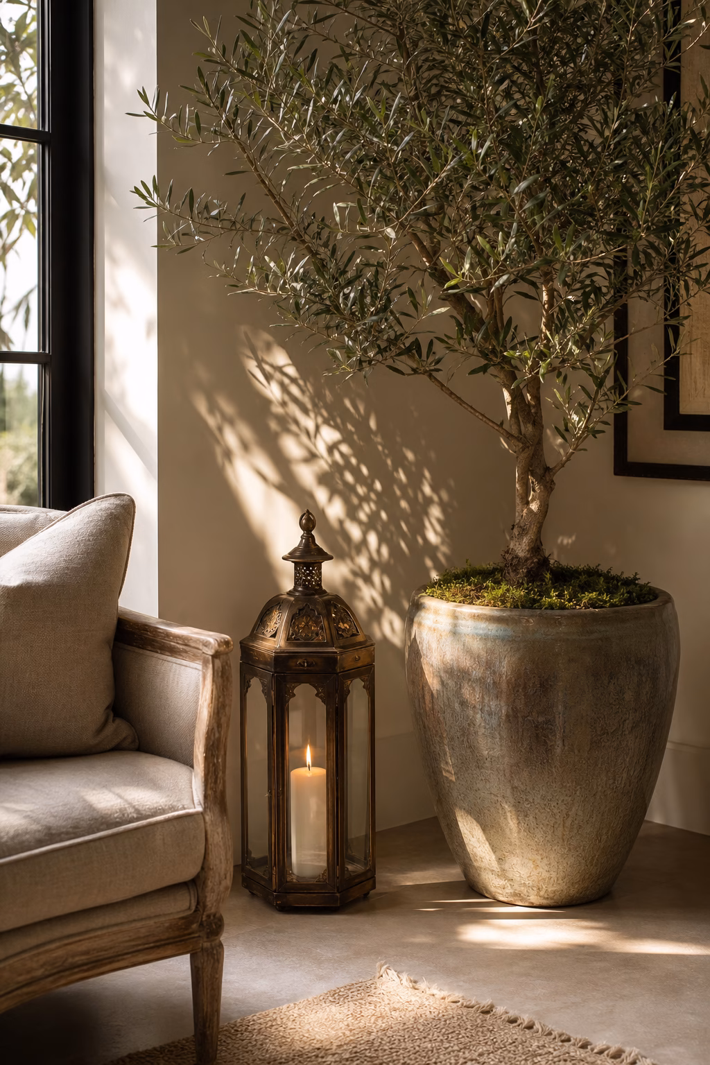Lantern styled beside potted greenery in an indoor corner