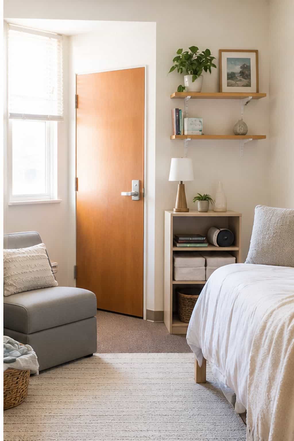 Single dorm room with a compact reading chair that preserves clear circulation.