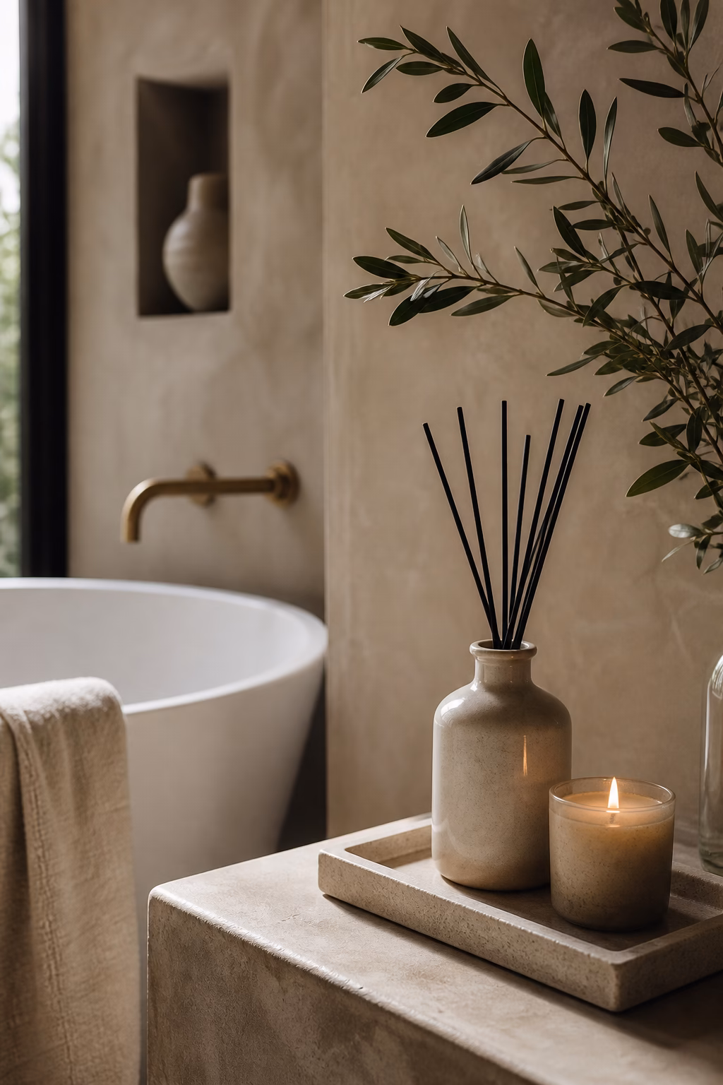 Ceramic reed diffuser and candle on a stone tray near a freestanding tub