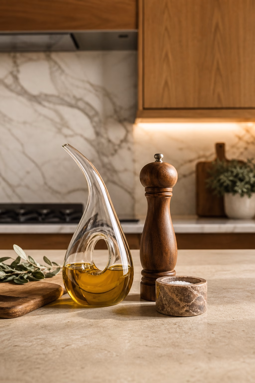 Sculptural glass oil cruet with pepper mill and salt cellar on a stone counter