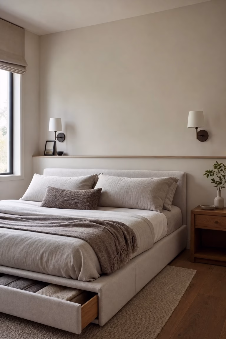 Storage bed with a low headboard keeping a small bedroom wall open.