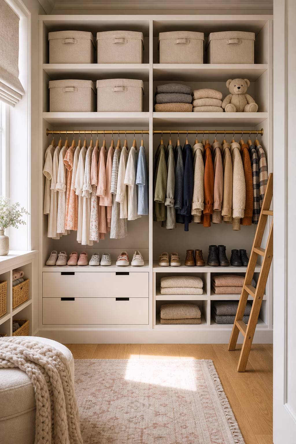 Kids closet with everyday clothes stored low and off-season fabric boxes organized on upper shelves.