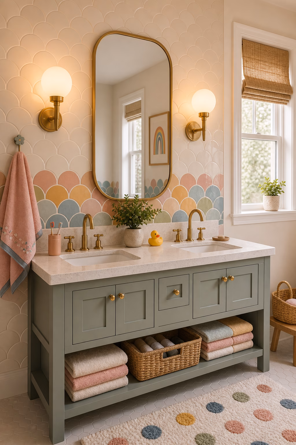 pick soft lighting that flatters the room shown in a polished kids bathroom with realistic materials and natural light.