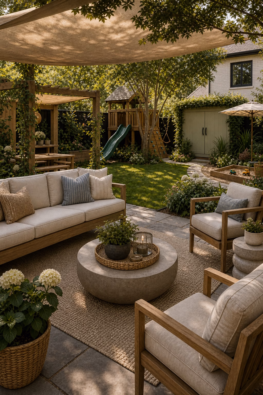 choose seating adults actually enjoy shown in a polished kids backyard with realistic materials and natural light.