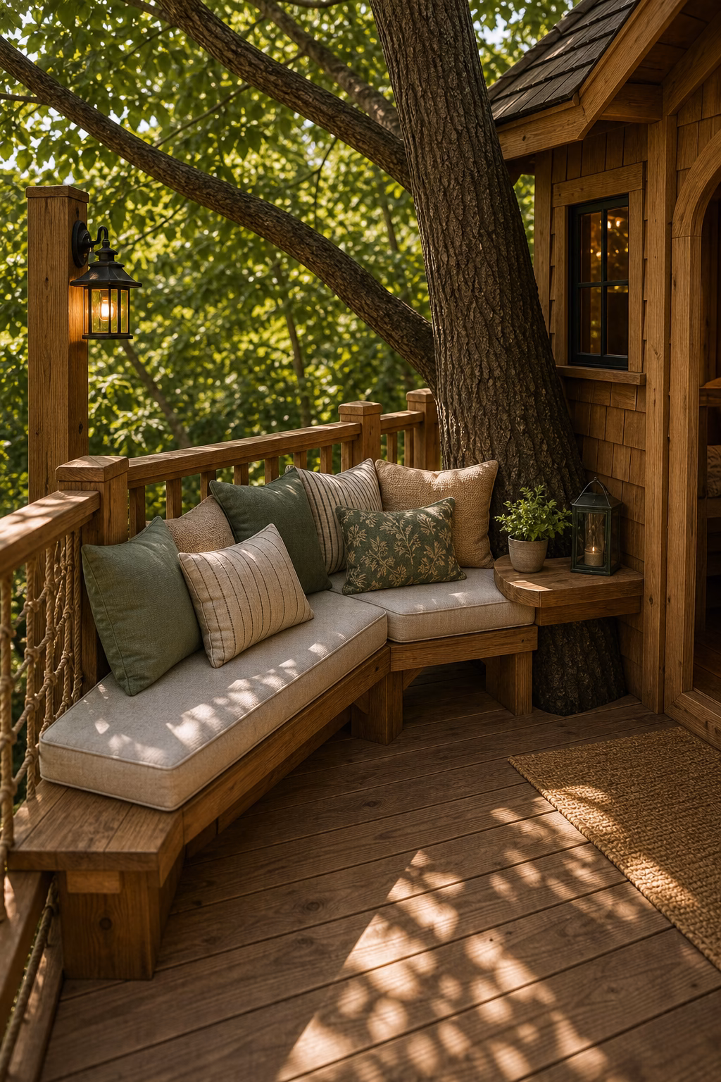add built-in benches for friends shown in a polished treehouse with realistic materials and natural light.