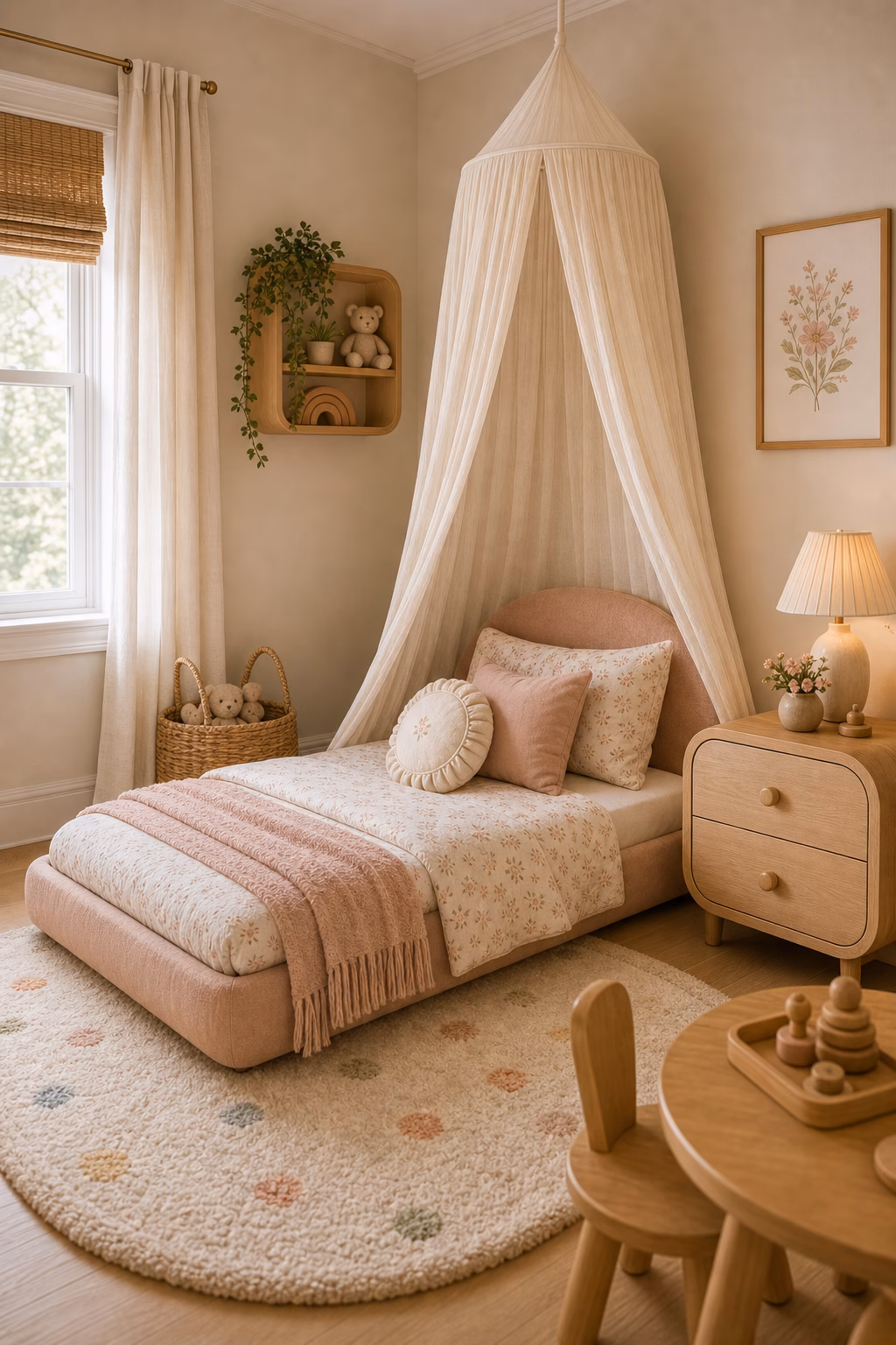 keep nightstands simple and stable shown in a polished toddler girl bedroom with realistic materials and natural light.