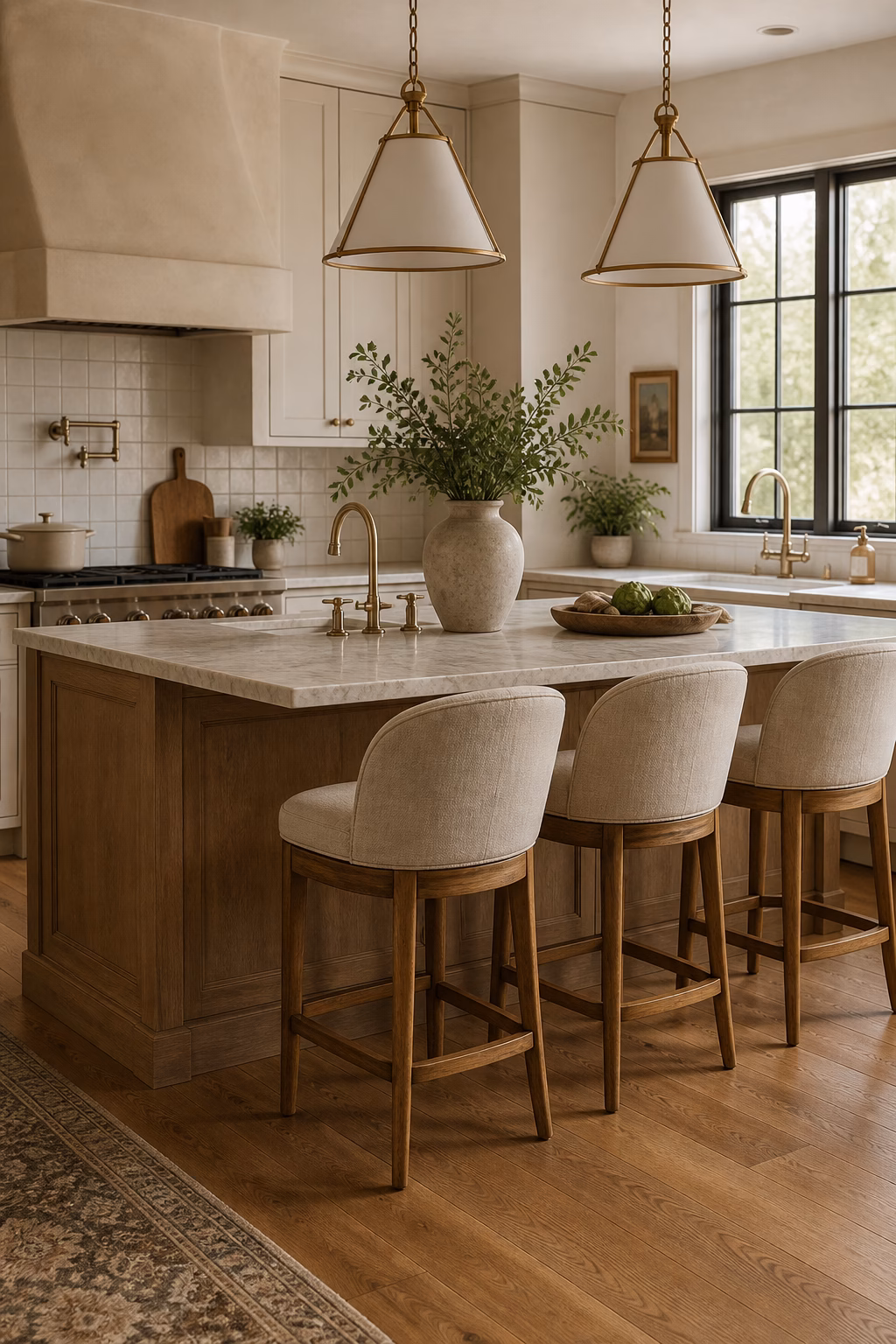 Kitchen island with linen upholstered stools and warm pendant lighting