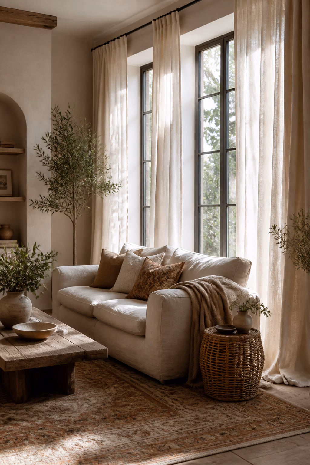 Boho living room with tall windows relaxed linen curtains and vintage rug