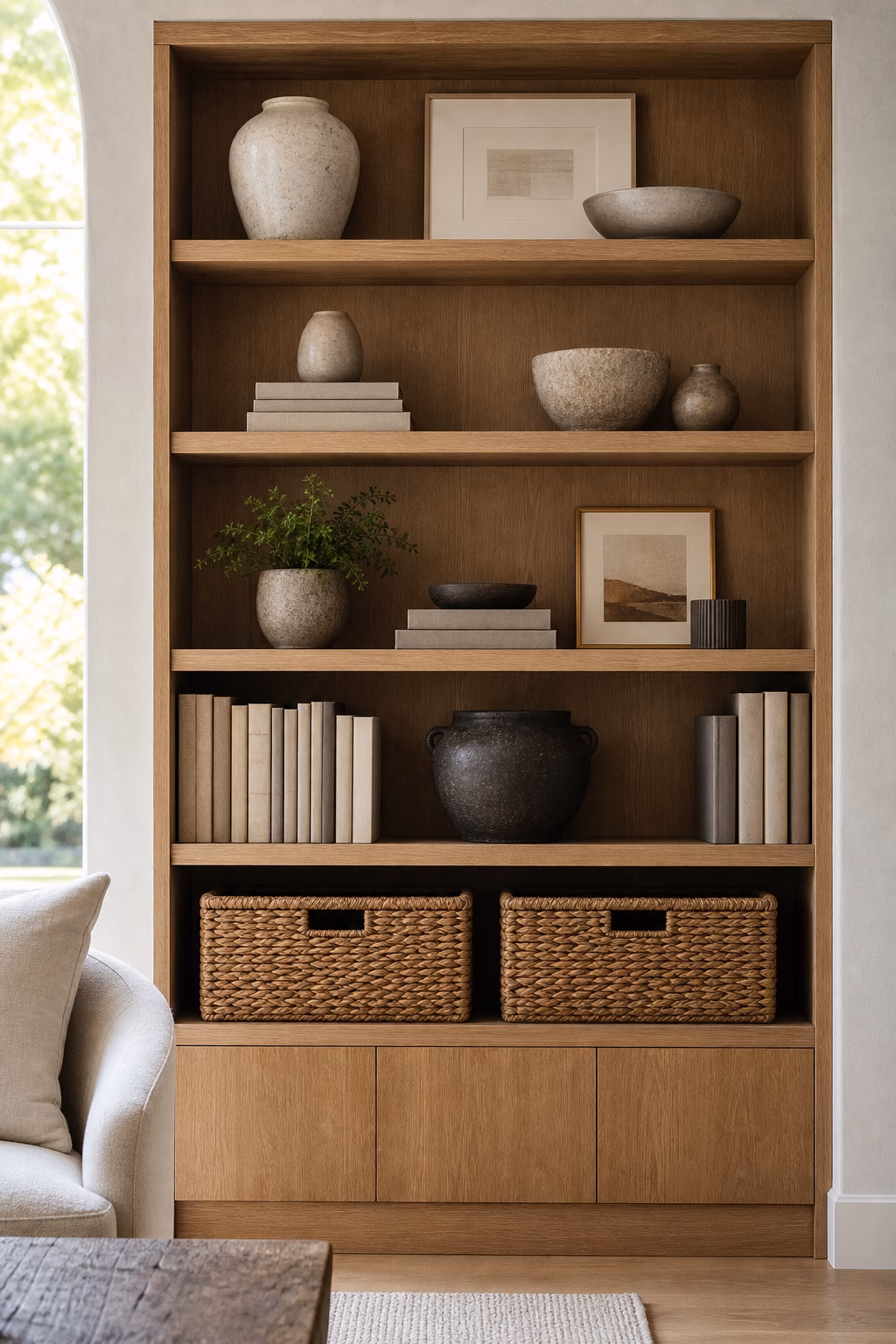 Heavier shelf decor placed on lower shelves for balanced styling