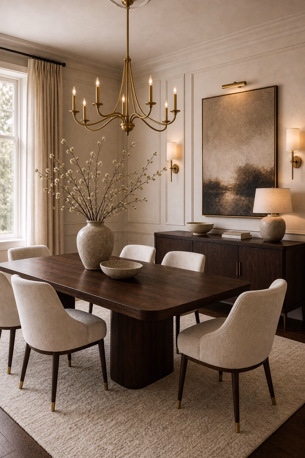 create contrast with dark wood shown in a polished luxury dining room with realistic materials and natural light.