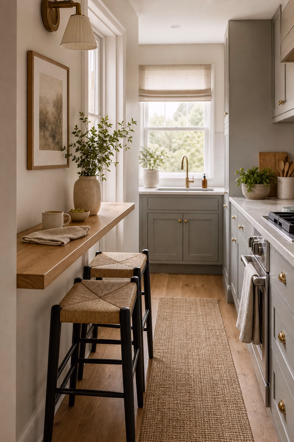 pick a compact dining ledge shown in a polished small kitchen with realistic materials and natural light.