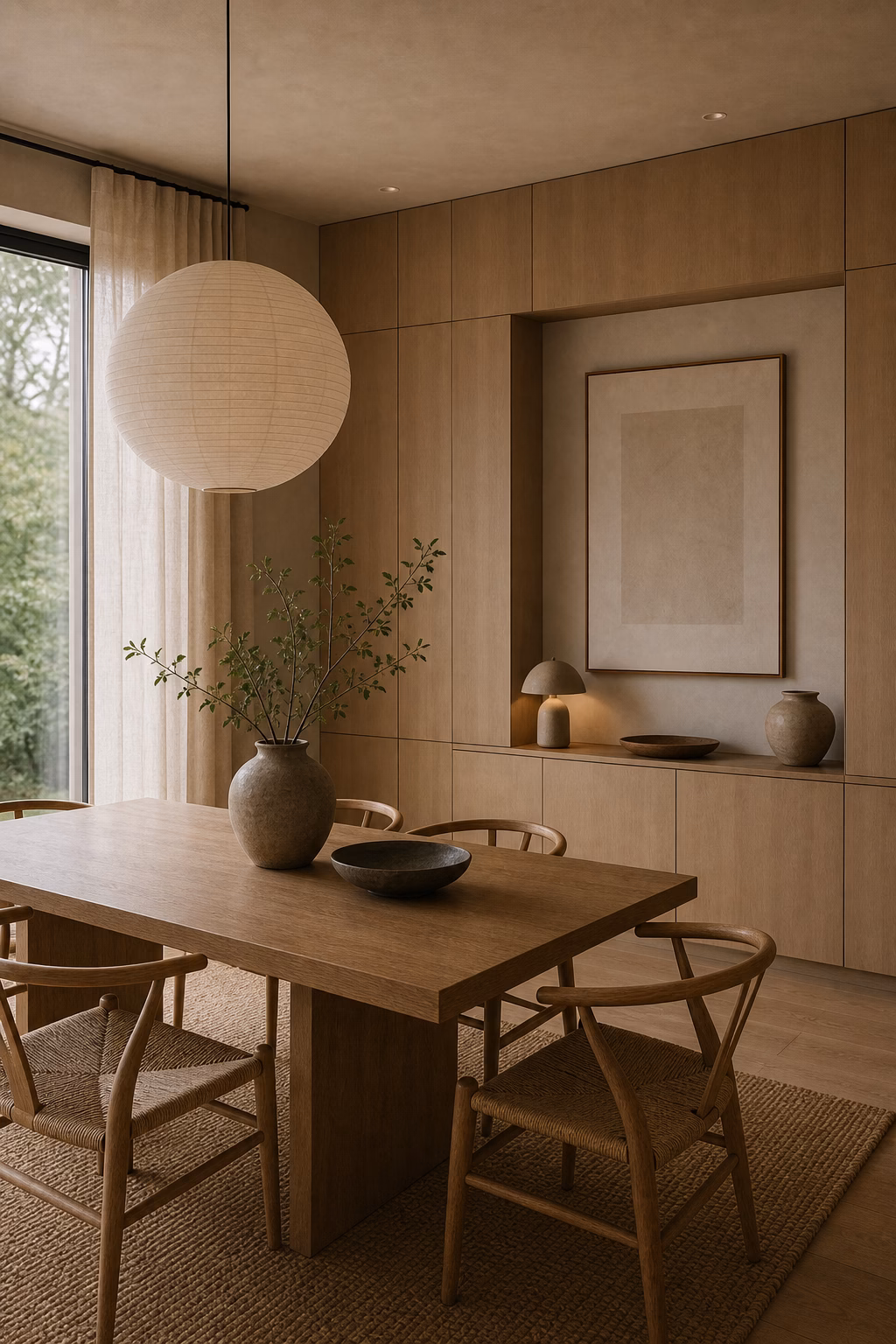 create calm with hidden storage shown in a polished Japandi dining room with realistic materials and natural light.