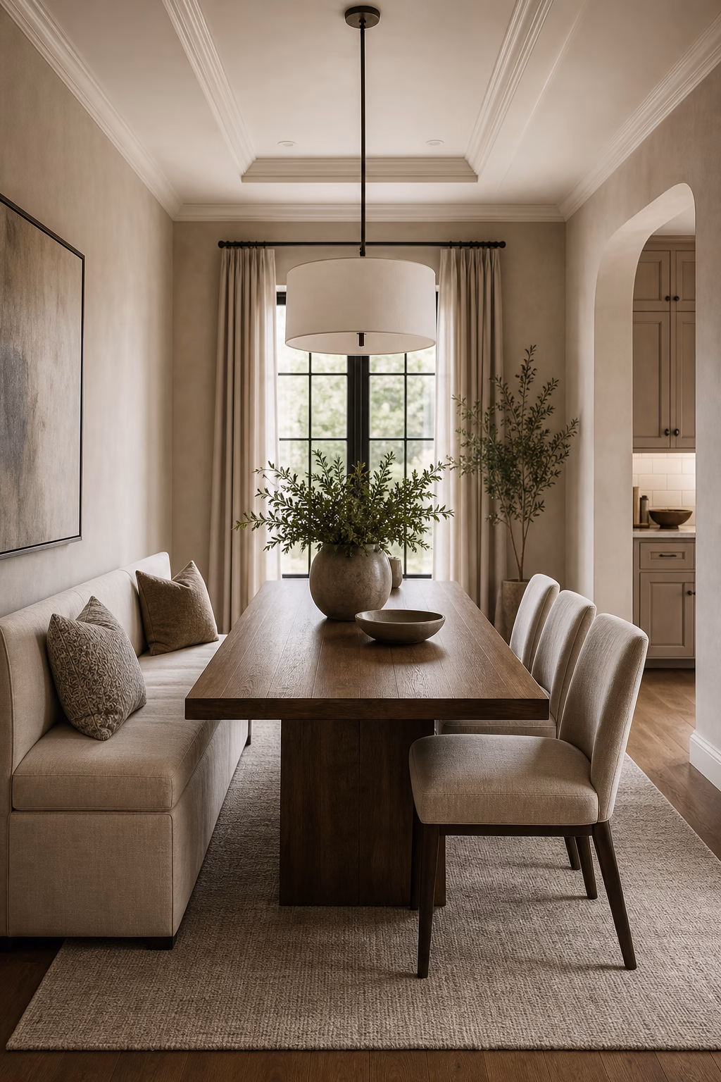 Contemporary dining room with an upholstered bench on one side of the table.