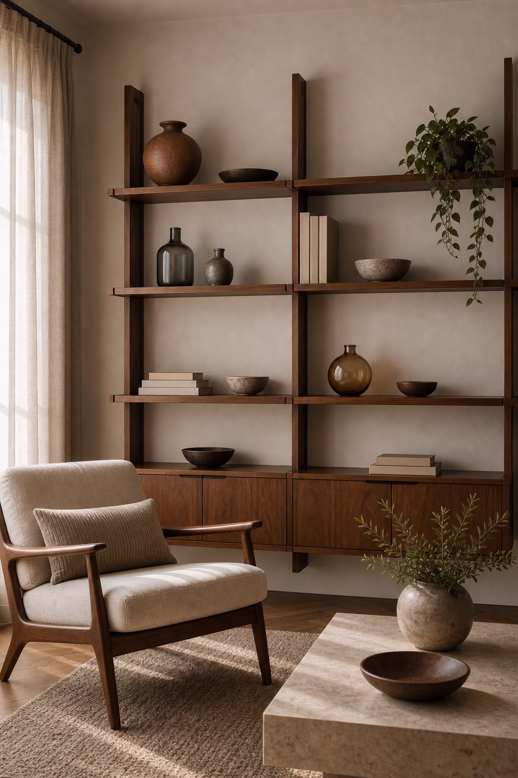 Open mid-century shelving styled with books ceramics and negative space