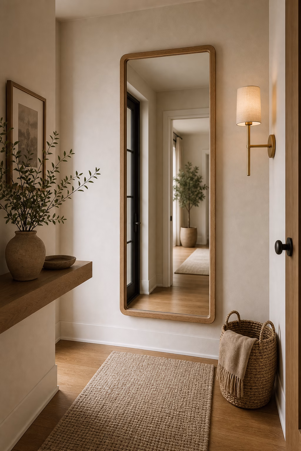 Long oak framed mirror warming a narrow entry wall