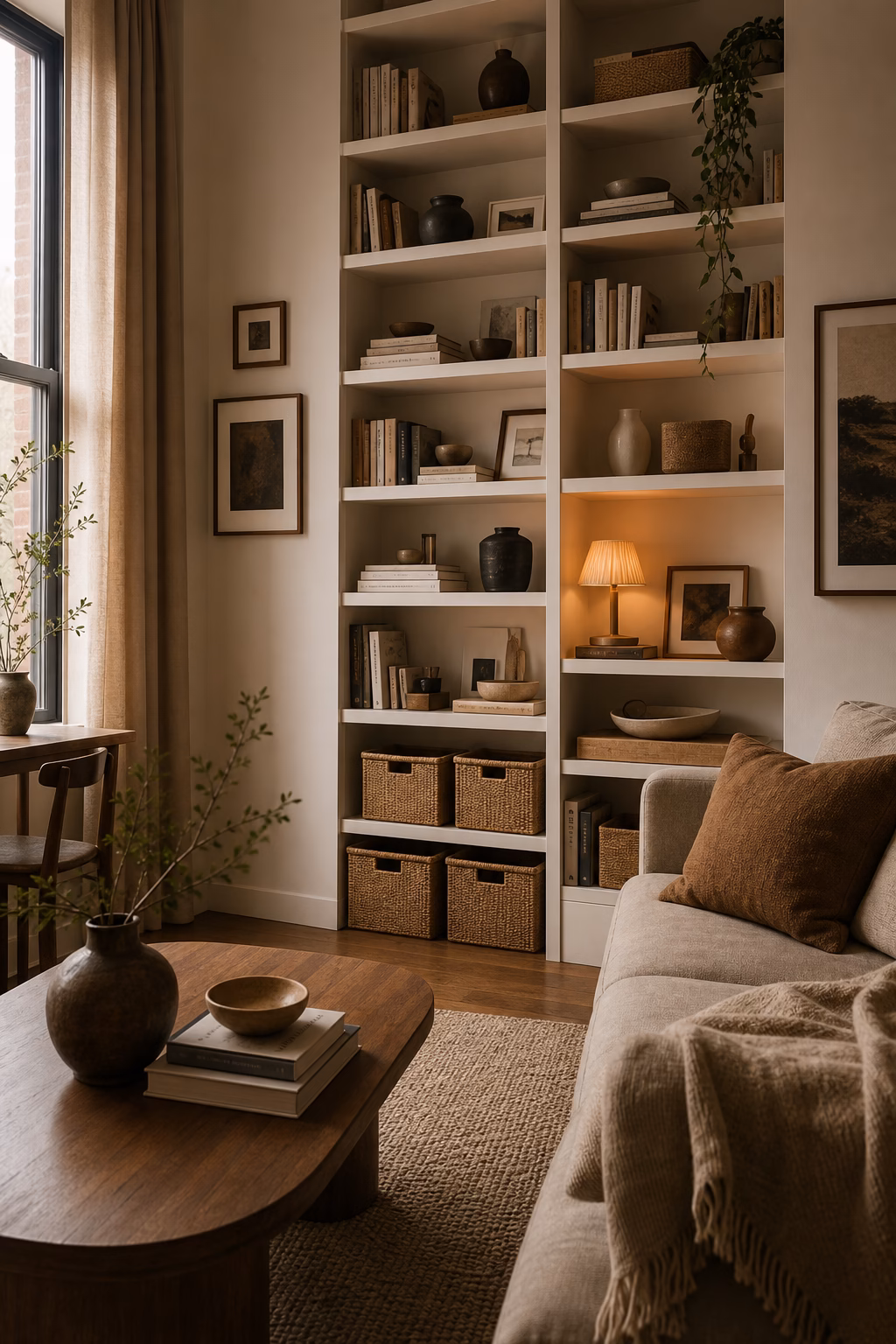 Tall bookcase storage in a small apartment living room