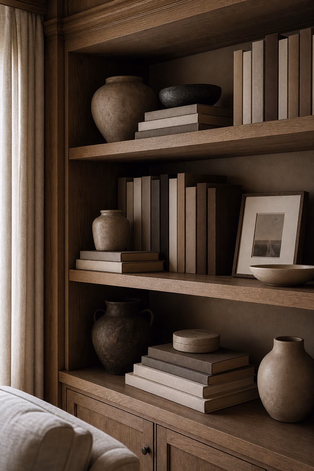 Deep bookshelves layered with books stacks and small objects