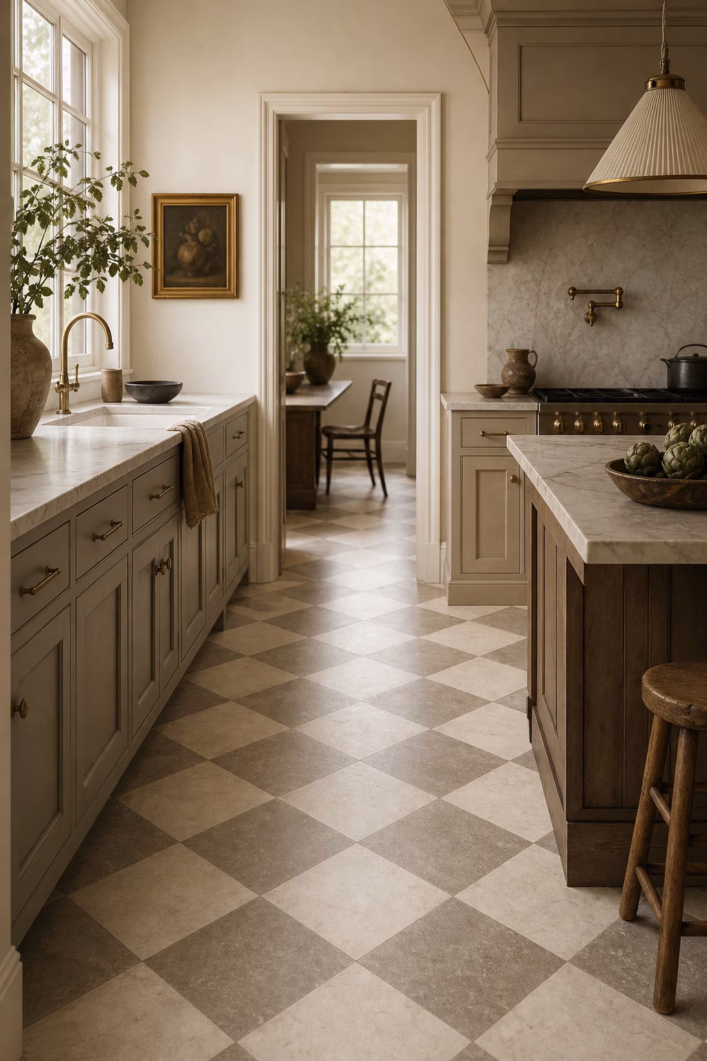 Quiet cream and gray checkerboard stone floor in a vintage modern kitchen.