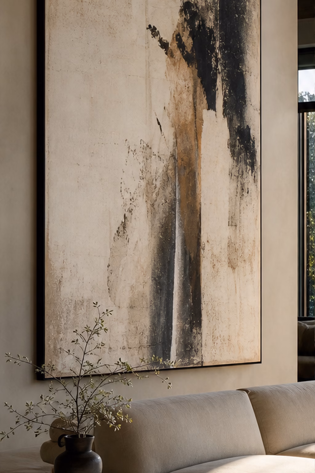 Oversized abstract artwork used architecturally in a modern living room