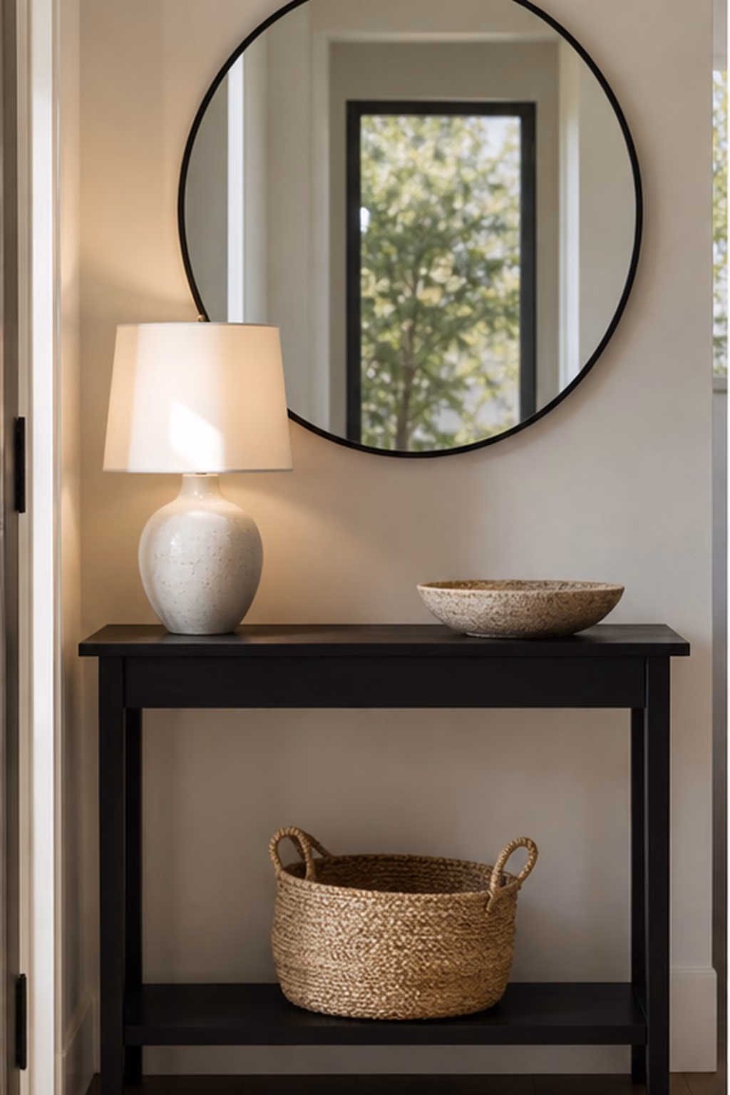 Round mirror centered over a narrow hallway console