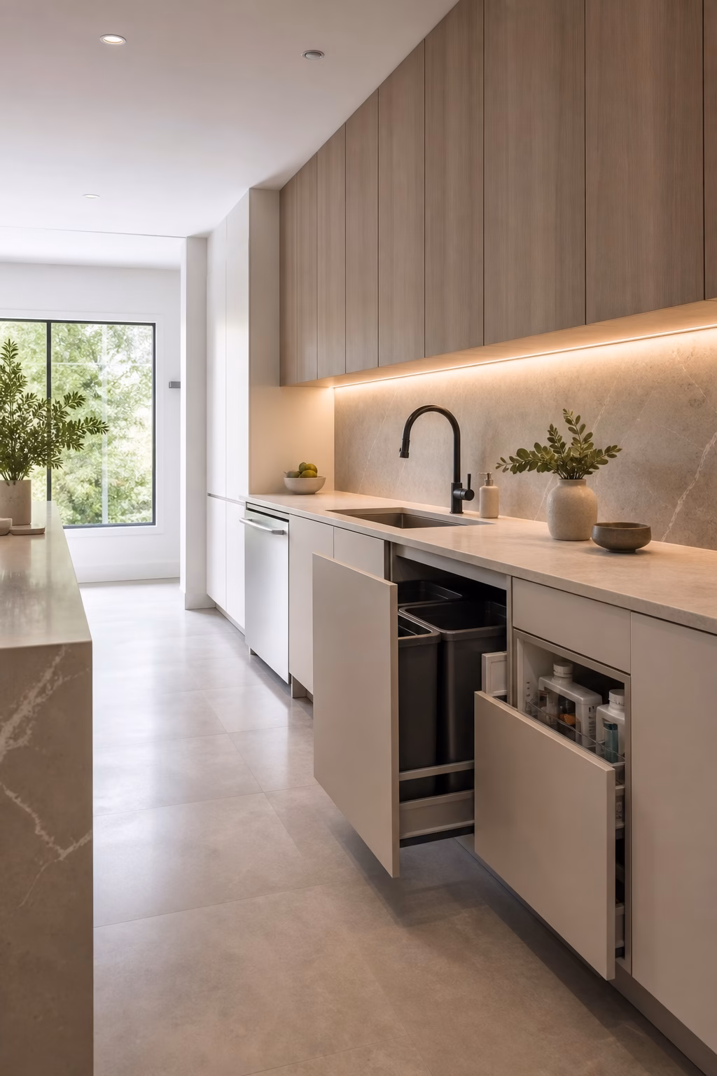Elegant kitchen cleanup zone with pullout waste storage, dishwasher, and minimalist fronts.