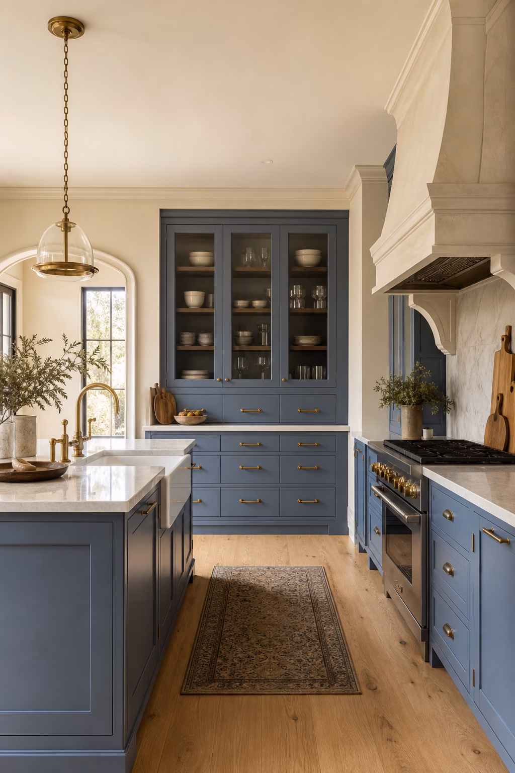 Elegant blue kitchen with cream walls and warm metal hardware.