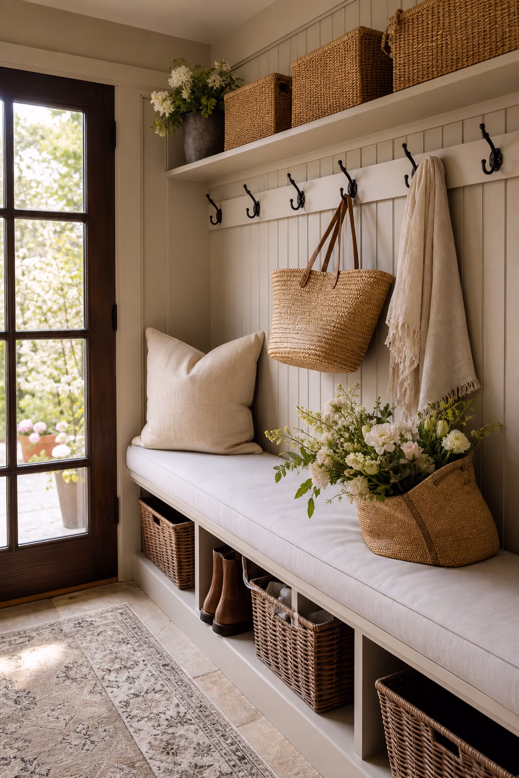 Structured woven baskets adding useful spring storage in an entry