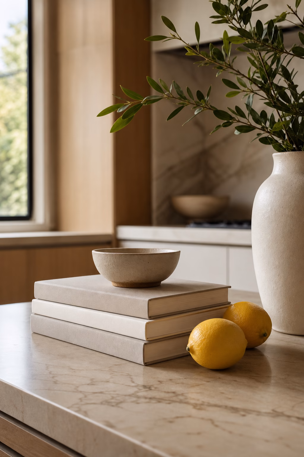 Low cookbook stack adding personality to a sleek kitchen counter