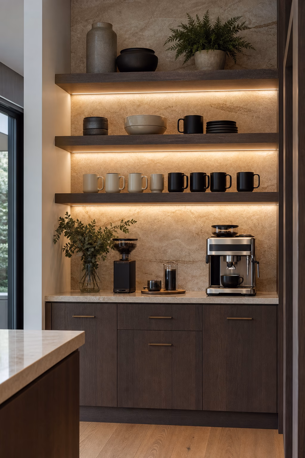 Kitchen coffee area with floating open shelves, edited mugs, and integrated lighting.
