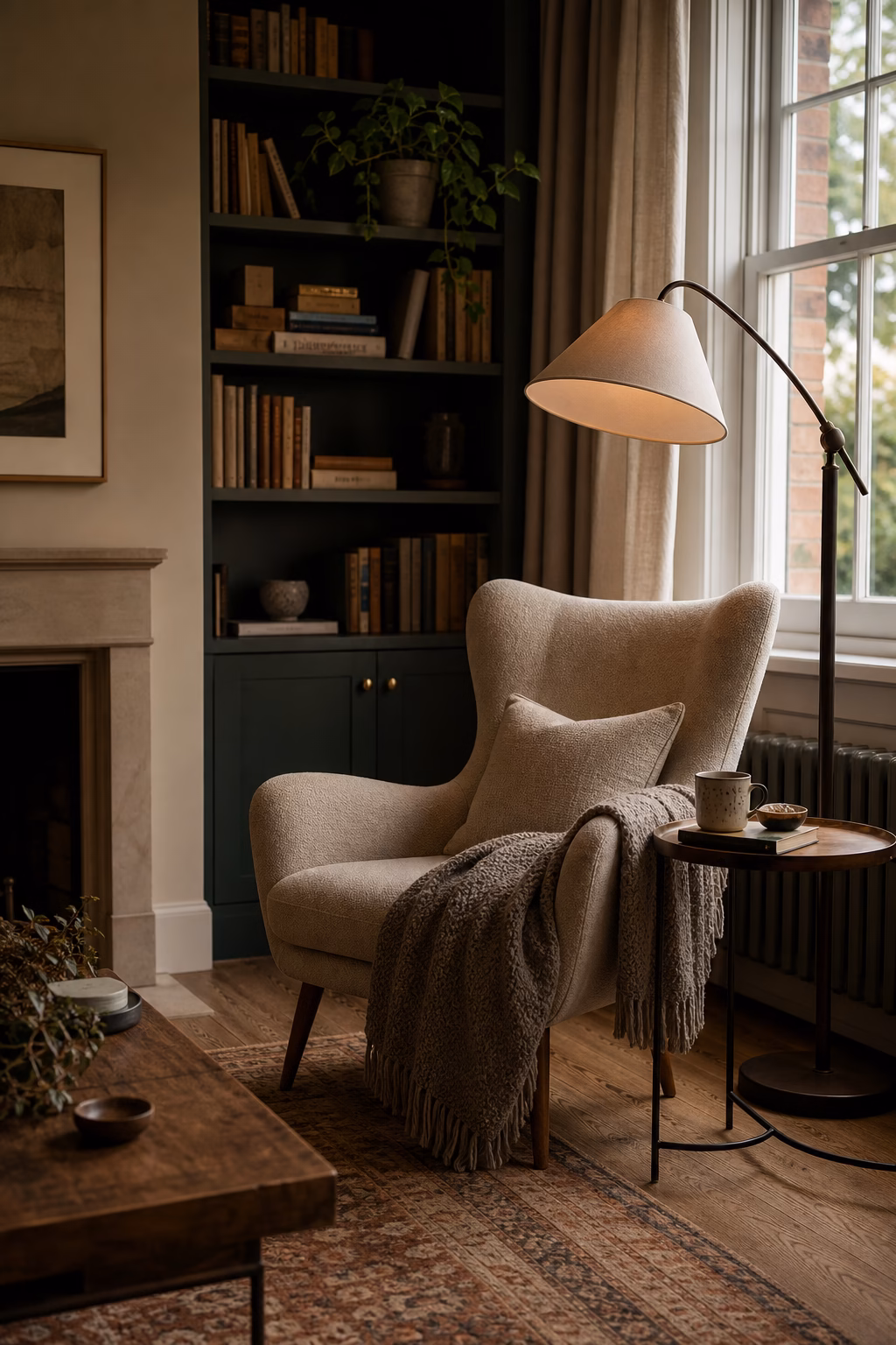 Cosy reading corner with lounge chair floor lamp books and side table