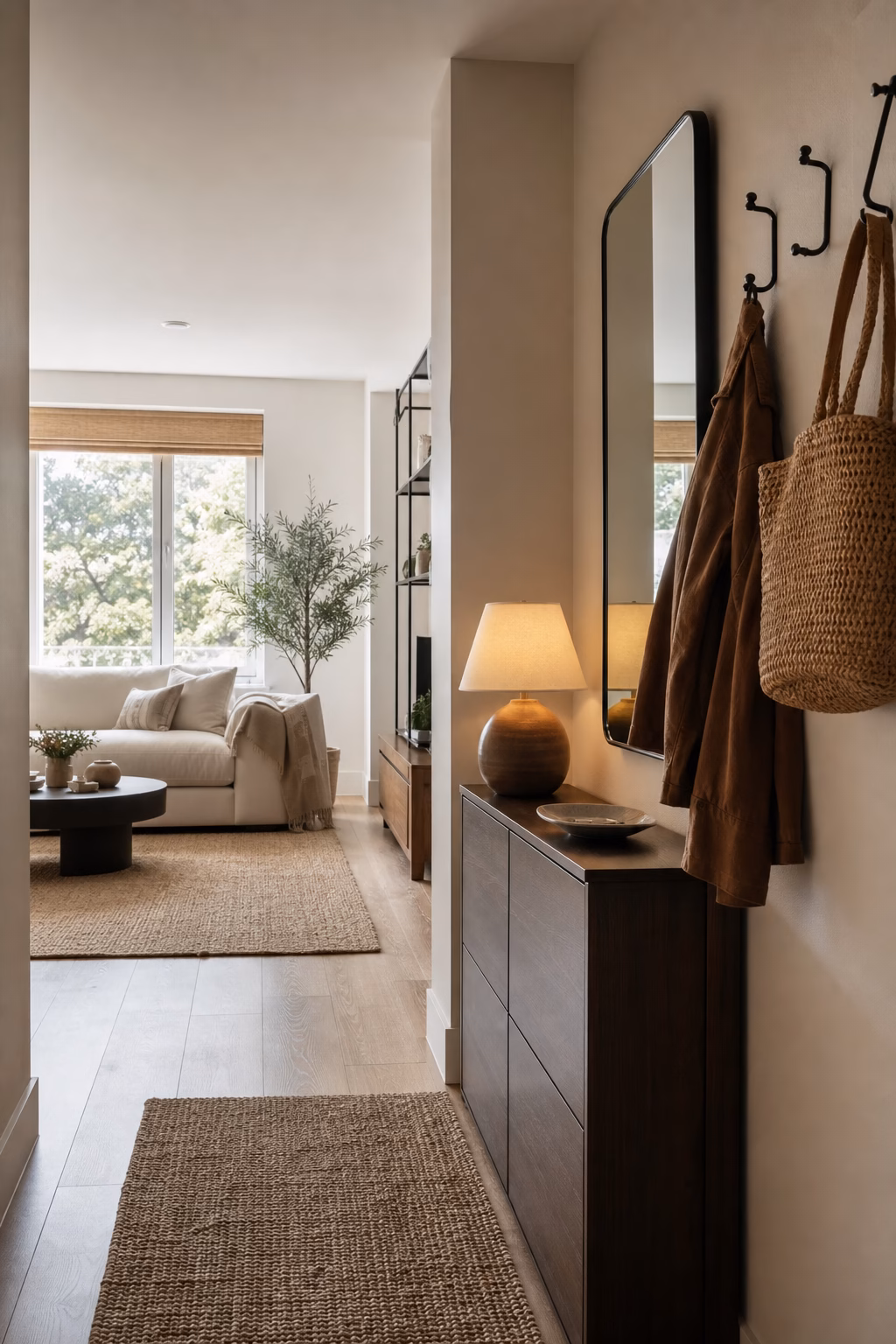 Apartment living room entry edge with slim console hooks and mirror