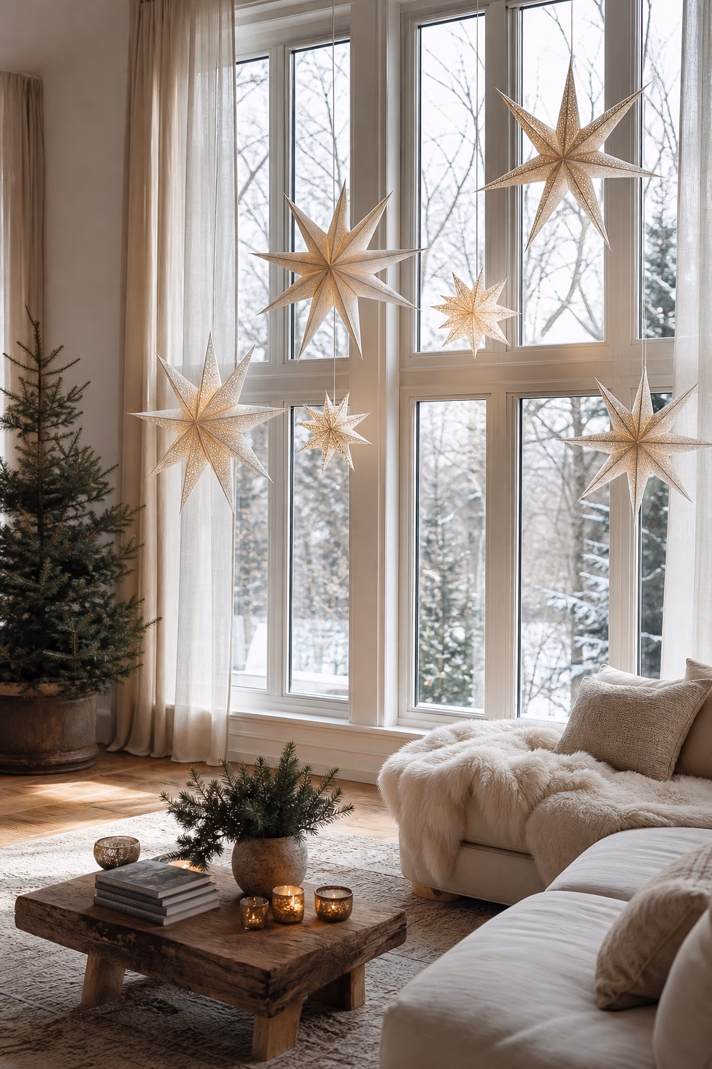 Large ivory paper stars hanging in elegant Christmas windows