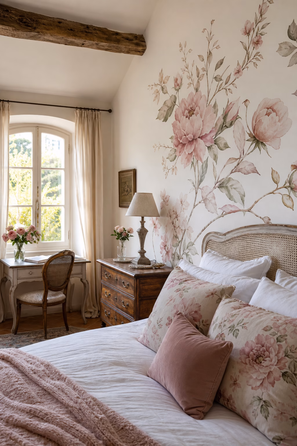 Airy watercolor floral decals softening a romantic guest bedroom