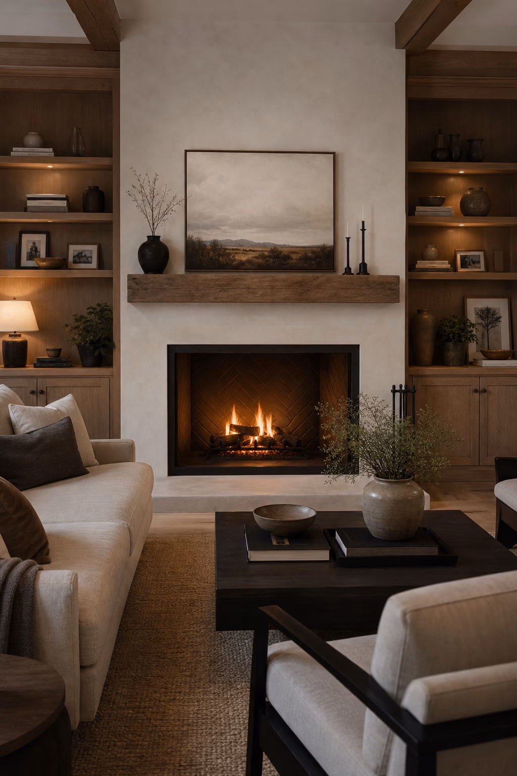 Cozy living room with a balanced fireplace wall, wood built-ins, and edited mantel styling.