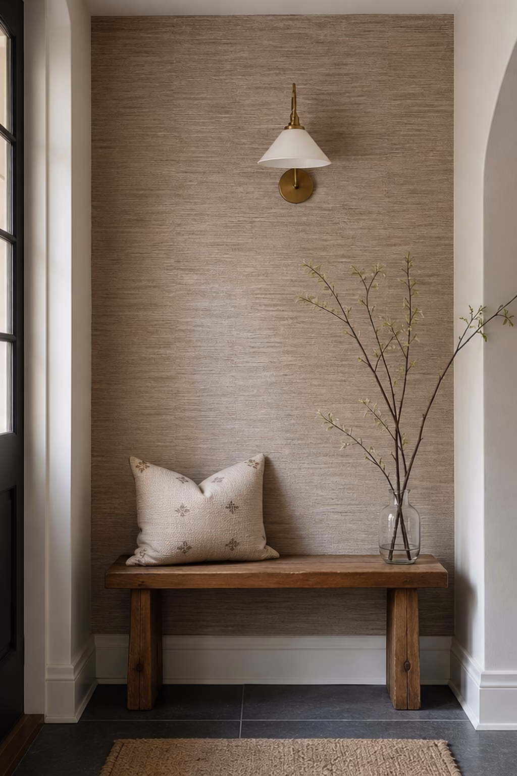 Peel-and-stick grasscloth wallpaper adding texture to an entry niche.