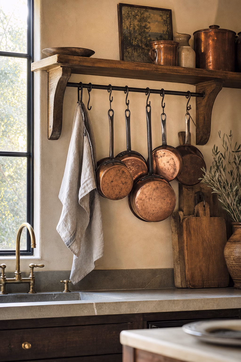 Kitchen wall rail with wooden brackets displaying rustic cookware