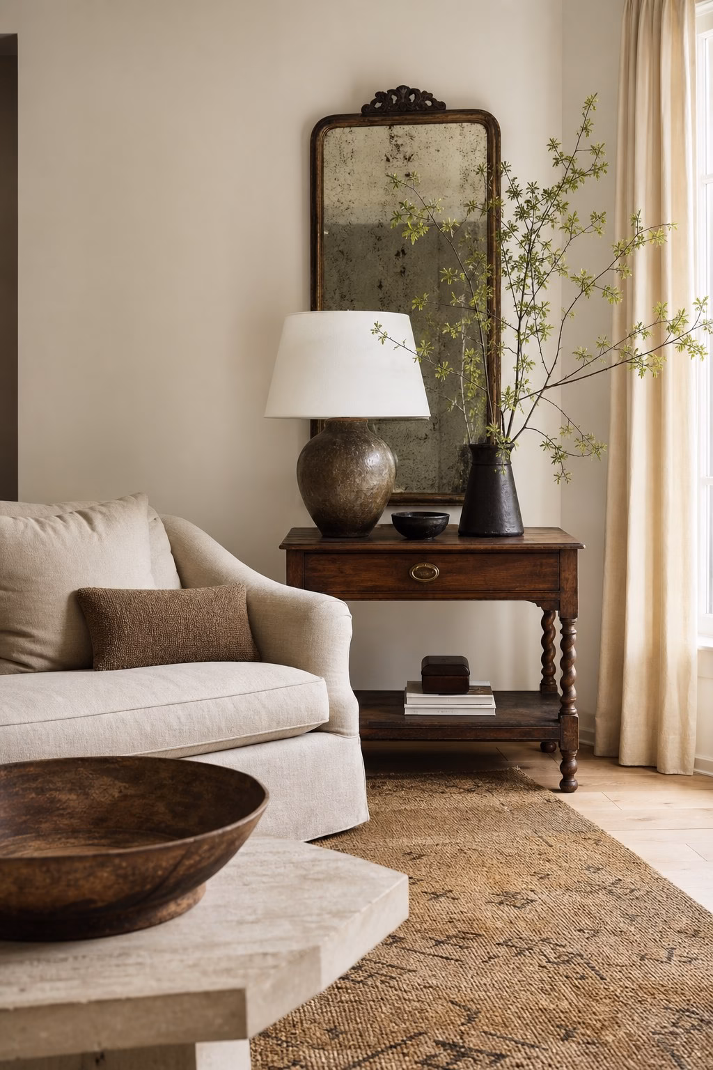 Vintage pieces adding patina to an elevated modern living room