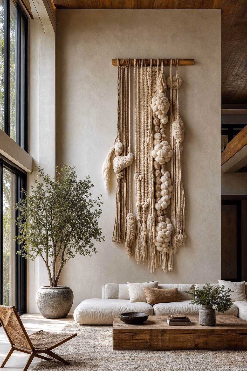 Earth-toned striped wall hanging adding warmth to a narrow hallway.