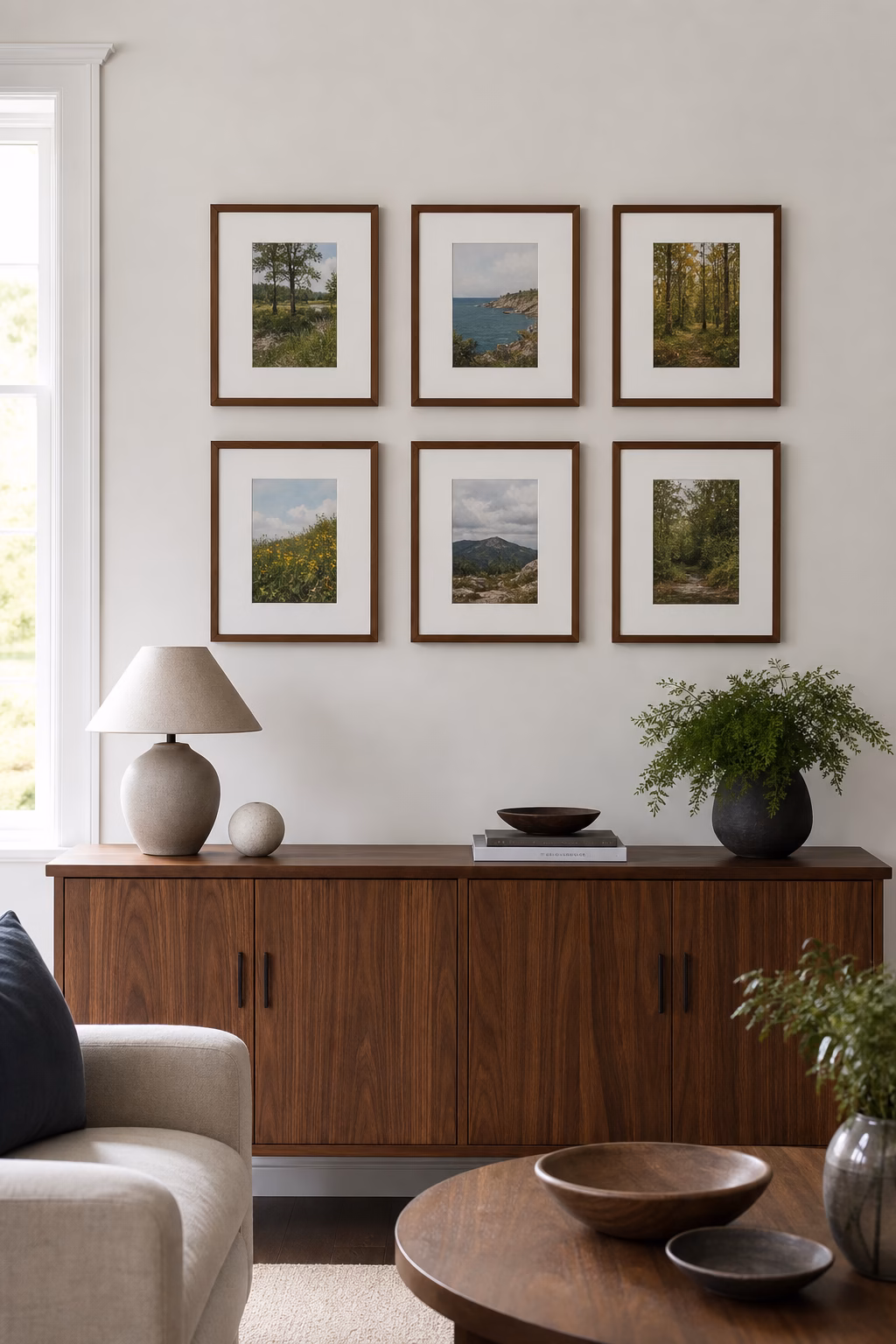 Grid of small framed artworks arranged on a living room wall