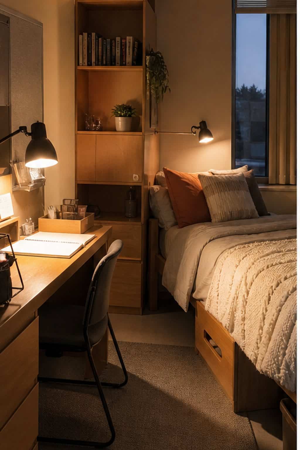 Dorm room with layered warm lighting from a desk lamp, bedside clip light, and shelf lamp.
