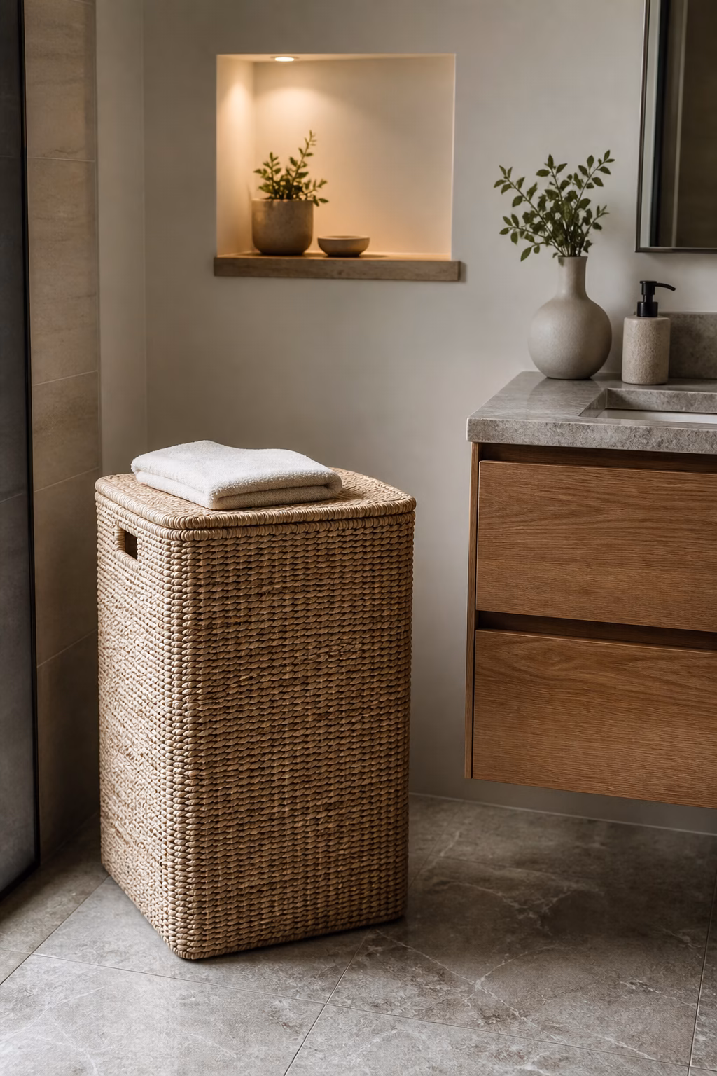 Lidded woven laundry hamper beside a modern bathroom vanity