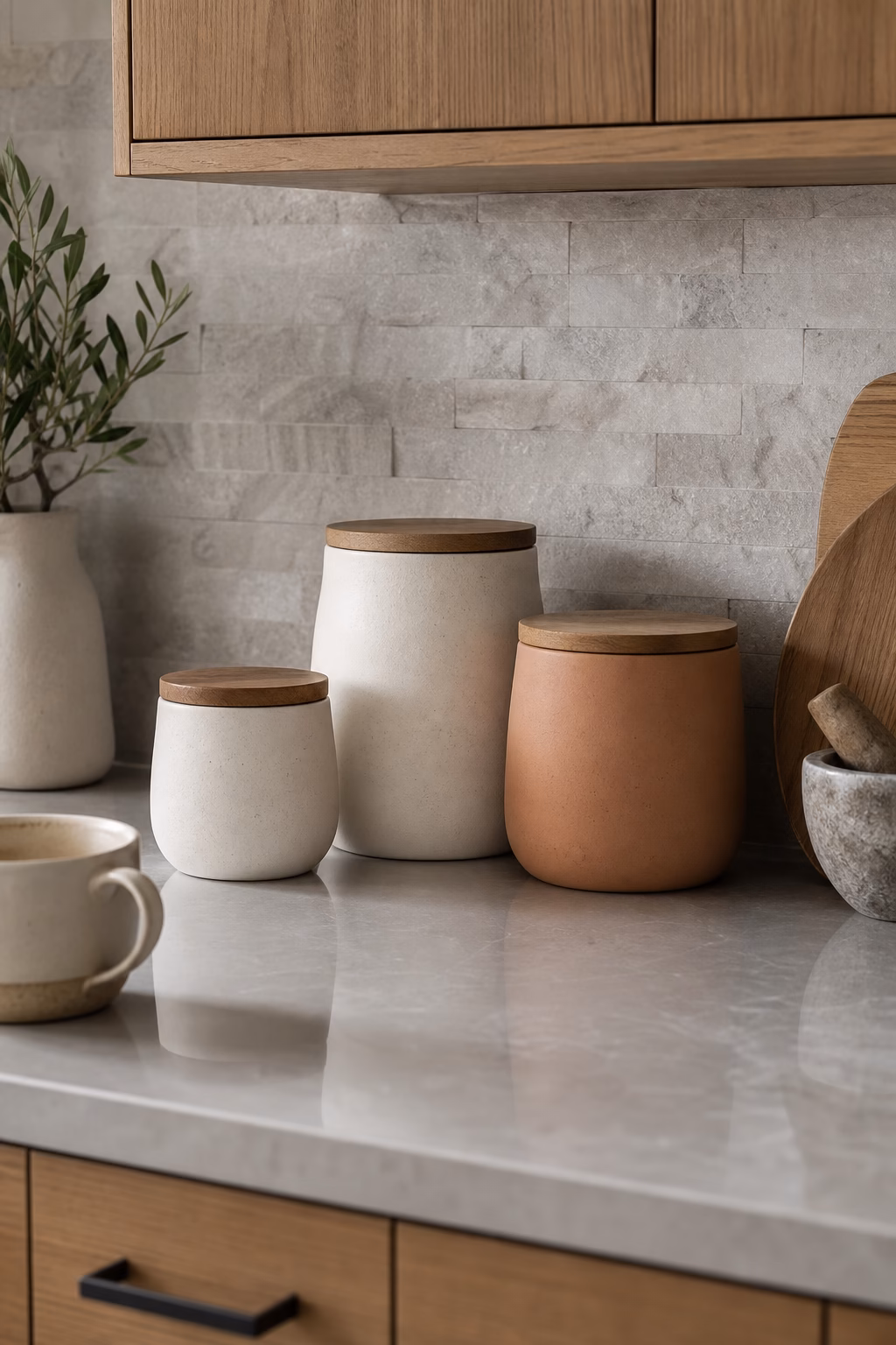 Matte ceramic kitchen canisters with wood lids on a stone counter